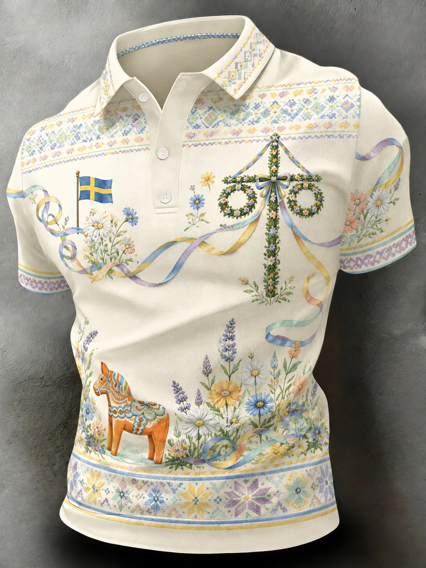 Herrpolotröja med konsttryck till minne av midsommar och nationaldagen i Sverige