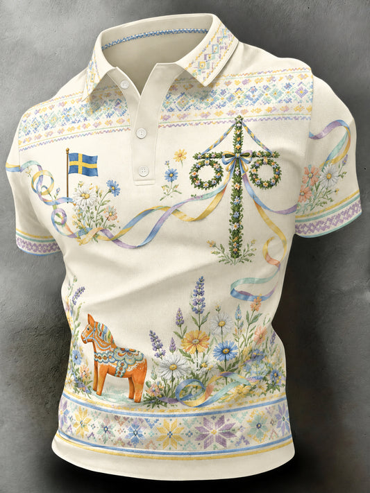 Herrpolotröja med konsttryck till minne av midsommar och nationaldagen i Sverige