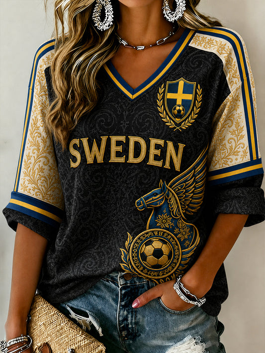 Retro nordisk-svensk fotbollsfanart-print avslappnad topp