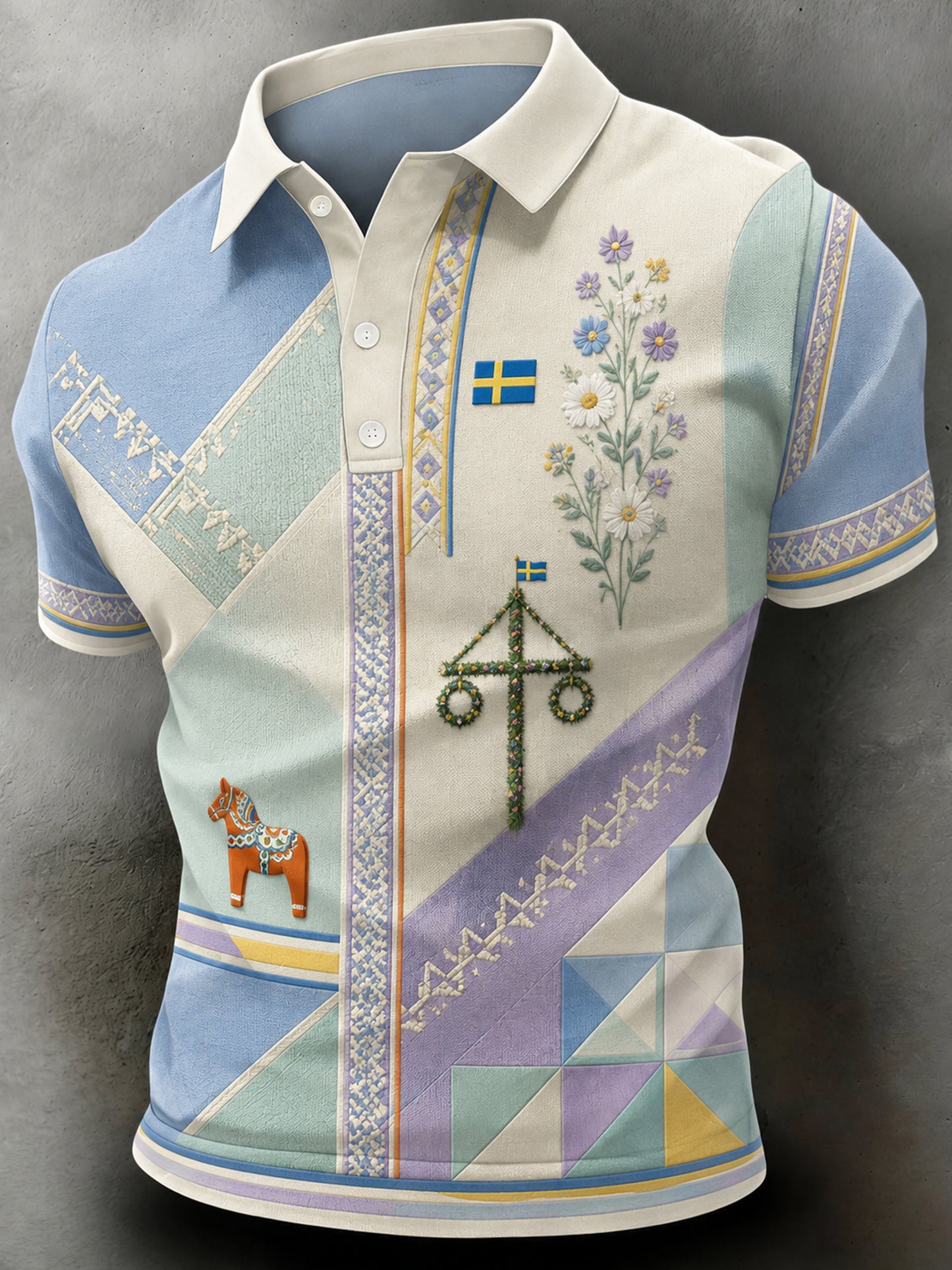 Herrpolotröja med konsttryck till minne av midsommar och nationaldagen i Sverige