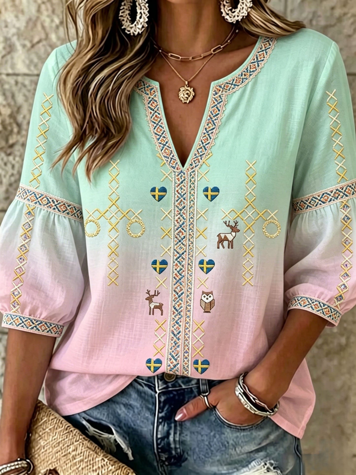 Dams Retro Svensk Midsommar Folkal Blus i Bomull-Linne