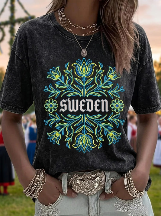 Damer Retro Svensk Midsommar Folkal Blommigt T-shirt med Kort Ärm