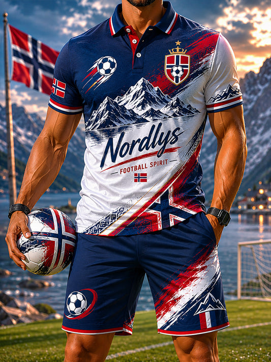 Menns retro norsk fotball fjell fritidspolo shortssett