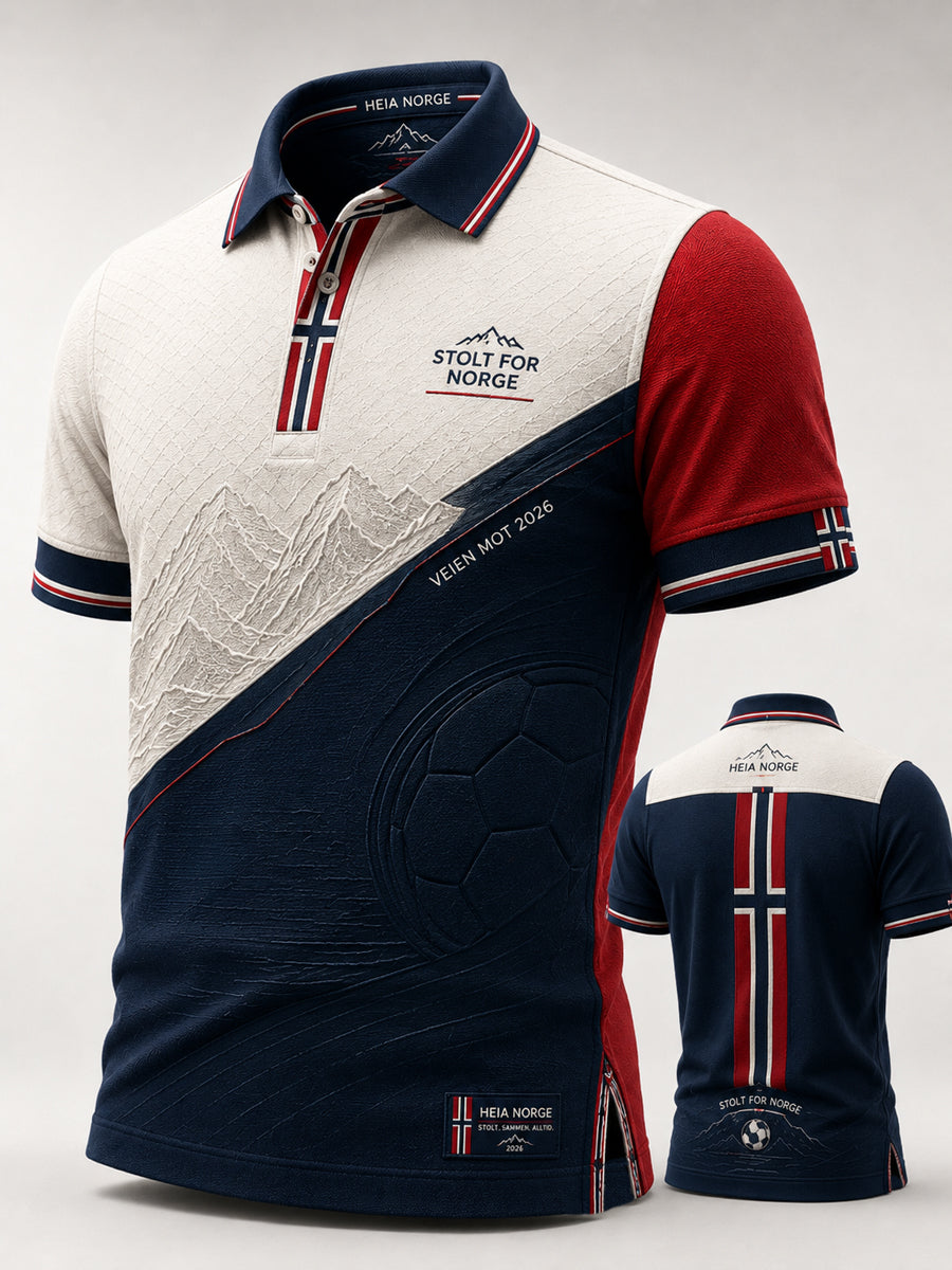 Retro norsk fotballskjorte fra 2026 med snødekkede fjell – kunstnerisk og uformelt polo-skjortetøy