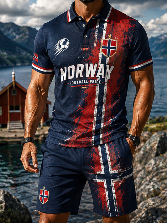 Menns retro norsk fotballfritidssett med polo og shorts
