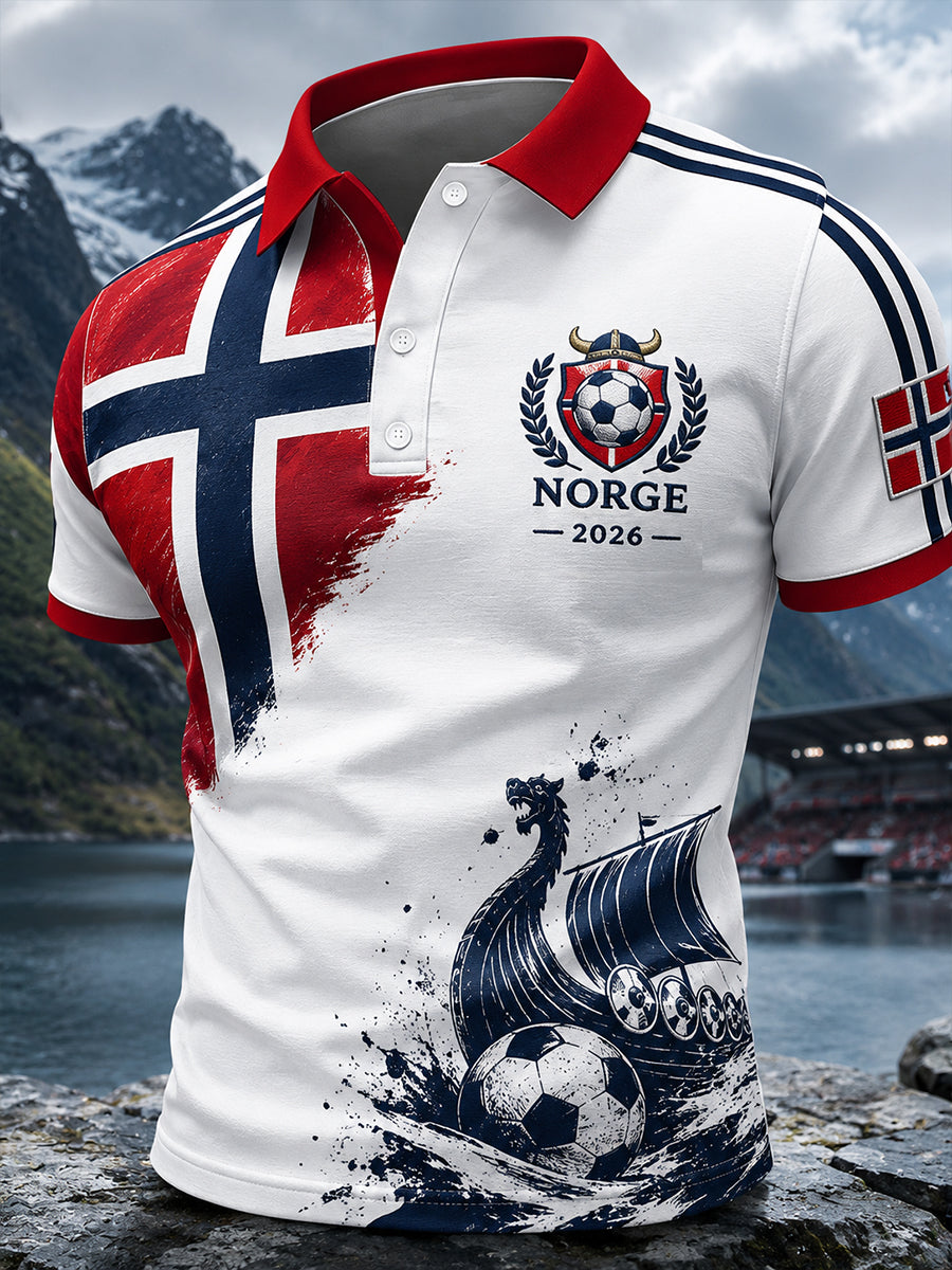 Retro nordisk stil norsk fotballfan-kunsttrykk avslappet poloskjorte