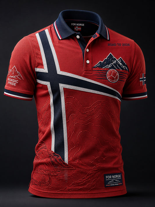 Retro norsk fotballmønster i patchwork-stil, uformelt poloskjorte fra 2026