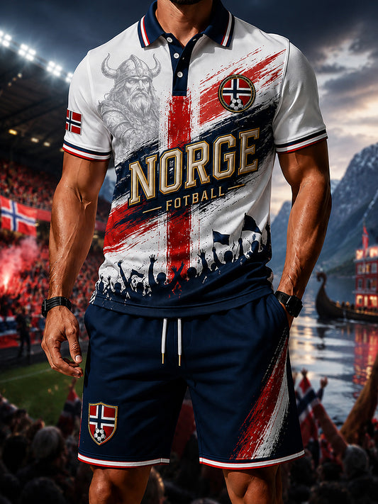 Retro fotballfan-trykk i nordisk stil for Norge, uformelt sportsmotiv på 2-delte sett