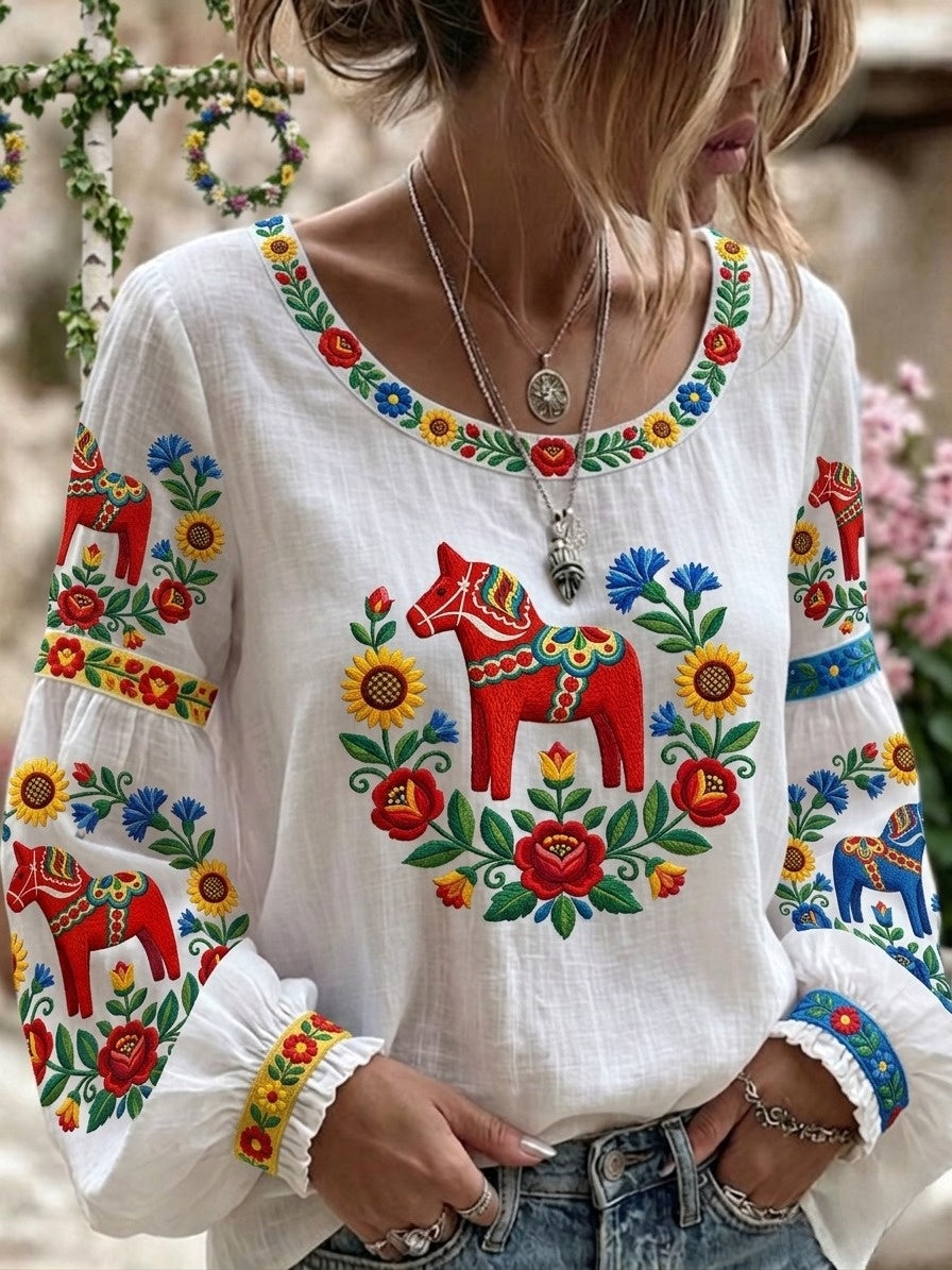 Damernas retro svensk midsommarfolk-stil blommönstrad bomull-linne-tröja med tryck