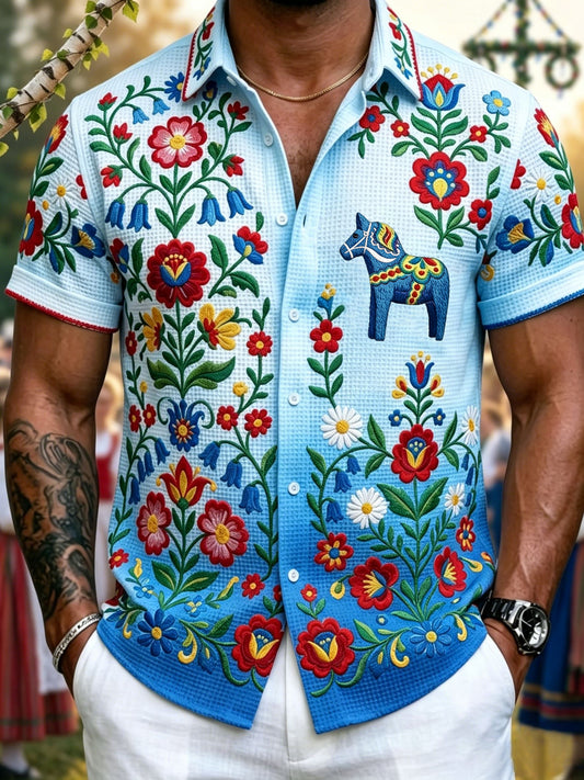 Mans retro svensk midsommar folkblommig våffeltröja