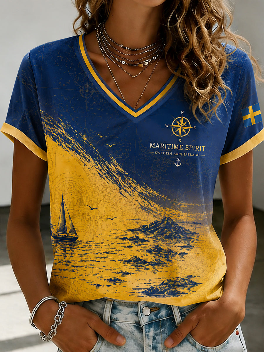 Kvinnors Skärgård Tryckt V-hals T-shirt