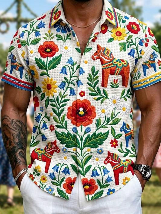 Mans retro svensk midsommar folkblommig våffeltröja