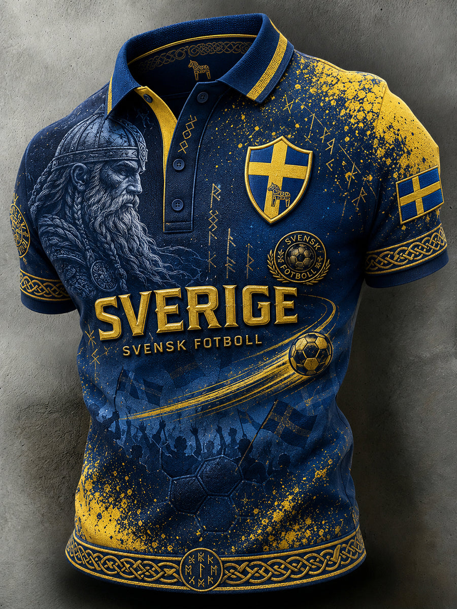 Retro svensk fotbollsfanart-print avslappnad pikétröja
