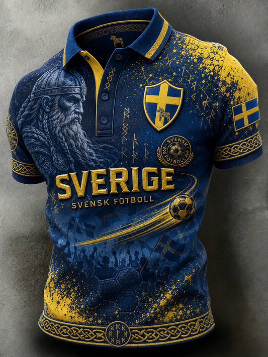 Retro svensk fotbollsfanart-print avslappnad pikétröja