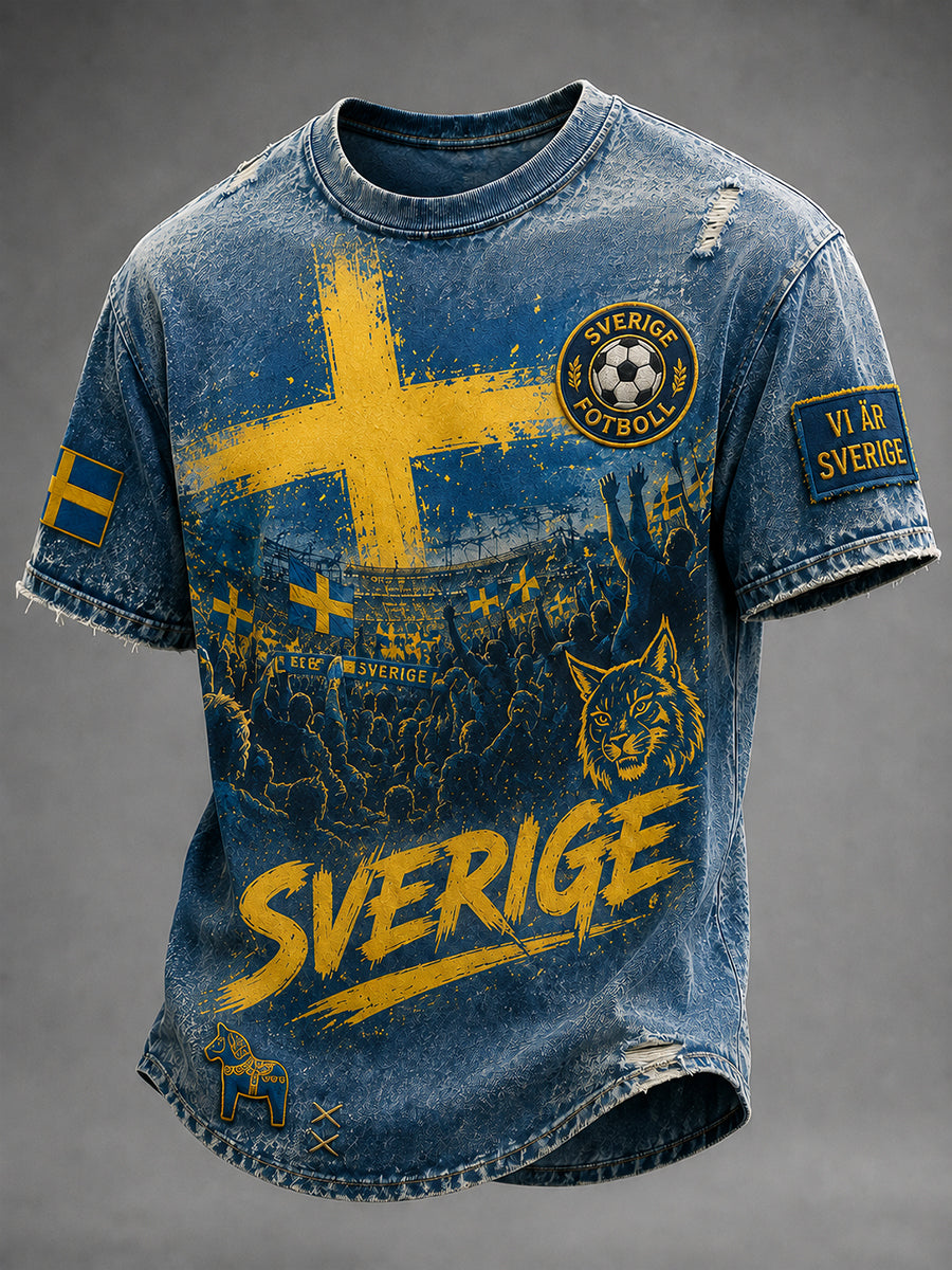 Retro svensk fotbollsfan-konsttryck avslappnad t-shirt
