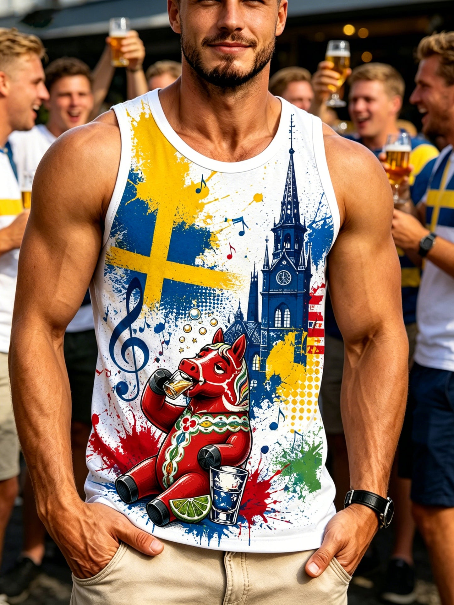 Manslig konstnärlig tanktopp med motiv från den svenska midsommar- och nationaldagen