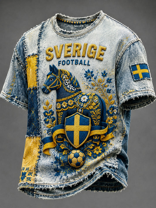 Retro svensk fotbollsfan-konsttryck avslappnad t-shirt