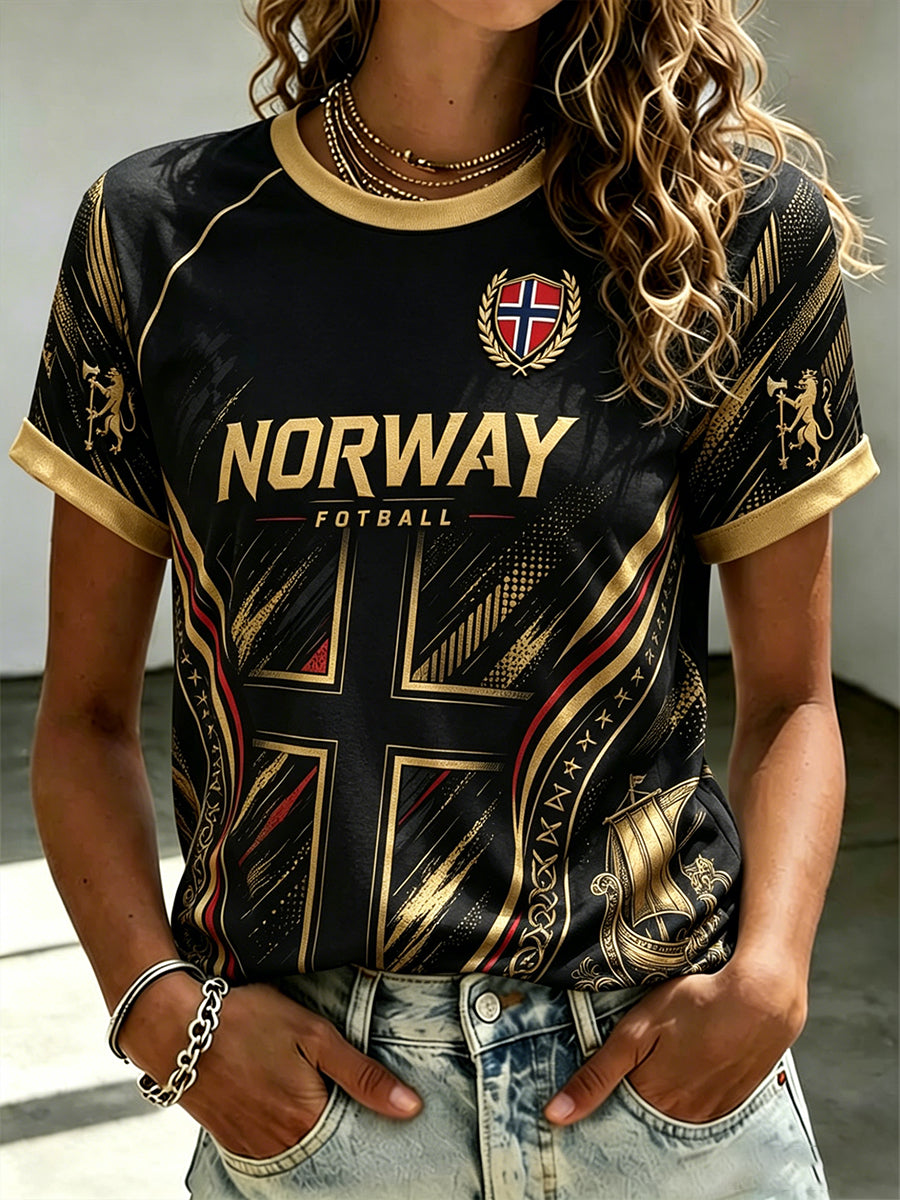 Dame-T-skjorte med vikingfotballtrykk, raglanermer og kort erme