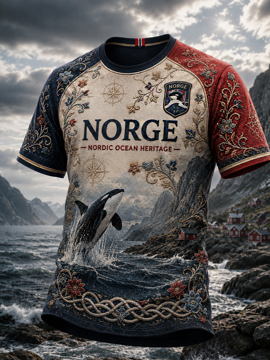 Herrerens retro t-skjorte i nordisk stil med norsk kunsttrykk