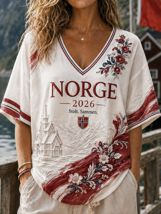 Kvinnelig retro norsk fotball blomstermotiv V-utringet t-skjorte
