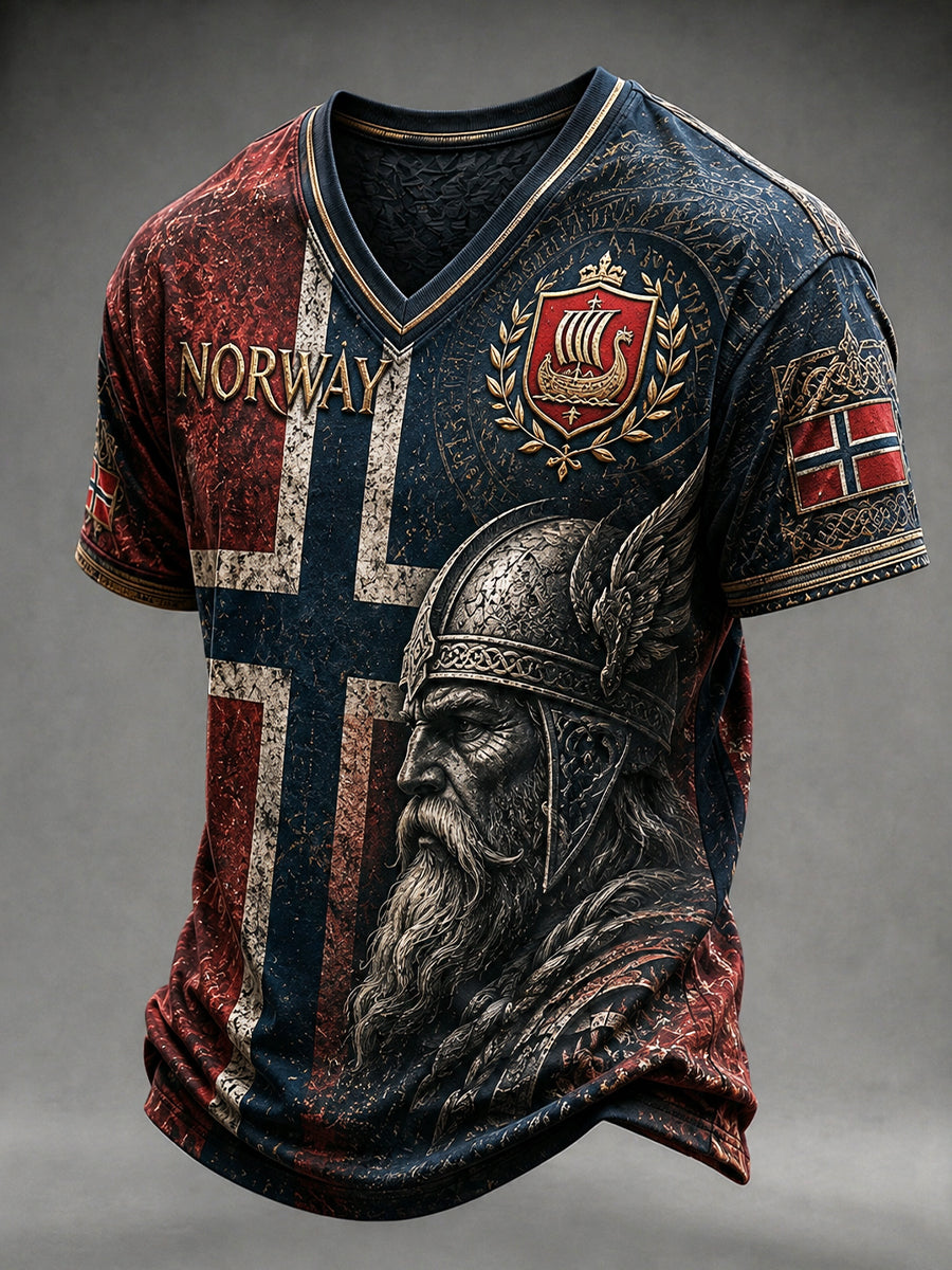 Herrerens retro t-skjorte i nordisk stil med norsk kunsttrykk