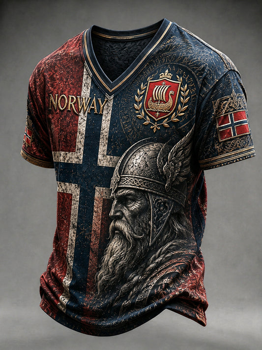 Herrerens retro t-skjorte i nordisk stil med norsk kunsttrykk