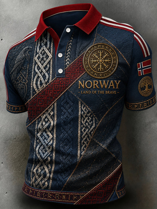 Menns retro poloskjorte i nordisk stil med norsk kunsttrykk