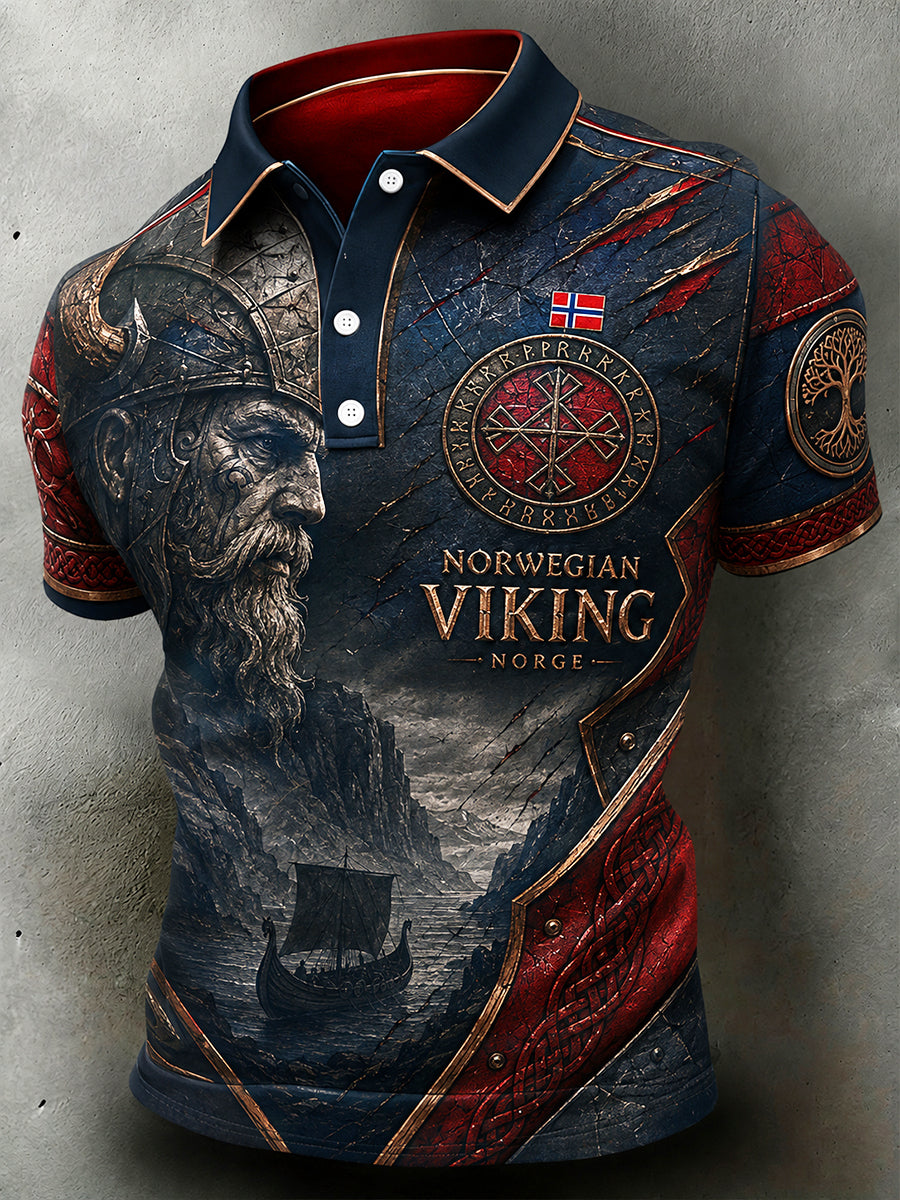 Menns retro poloskjorte i nordisk stil med norsk kunsttrykk