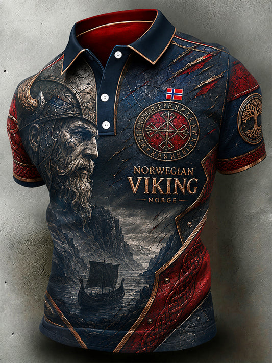 Menns retro poloskjorte i nordisk stil med norsk kunsttrykk