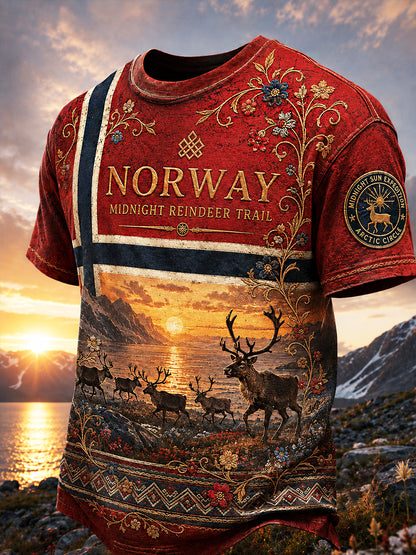 Herrerens retro t-skjorte i nordisk stil med norsk kunsttrykk