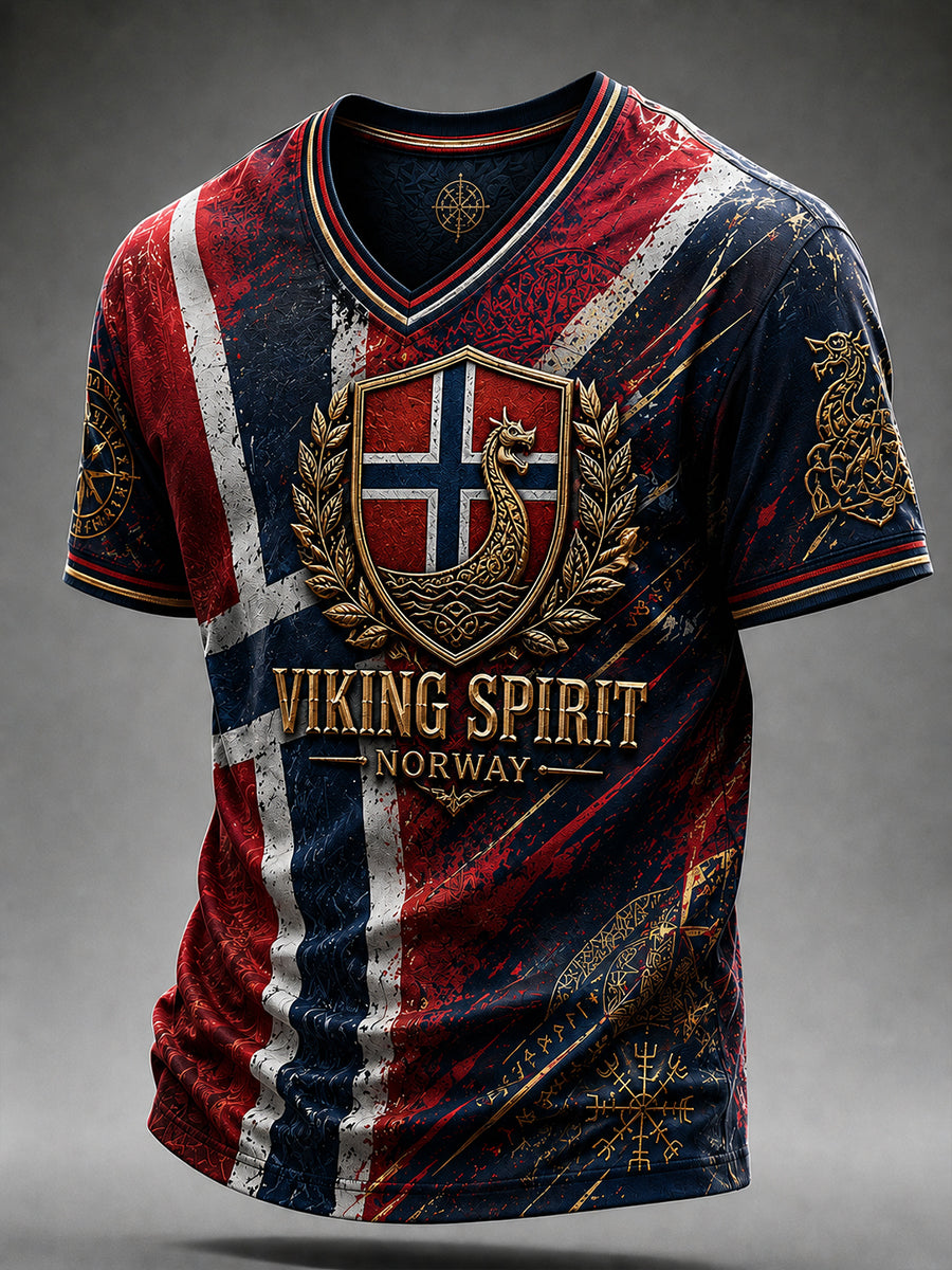 Herrerens retro t-skjorte i nordisk stil med norsk kunsttrykk