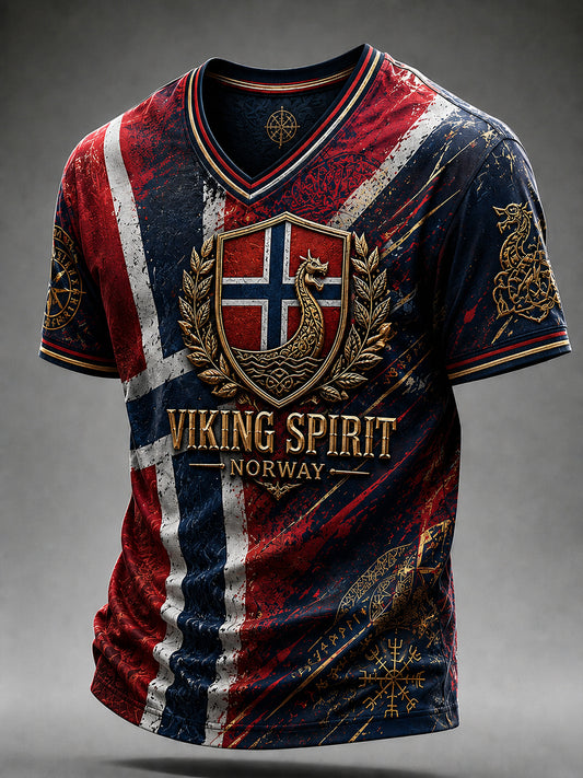 Herrerens retro t-skjorte i nordisk stil med norsk kunsttrykk