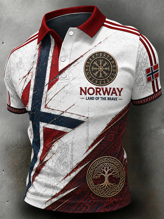 Menns retro poloskjorte i nordisk stil med norsk kunsttrykk