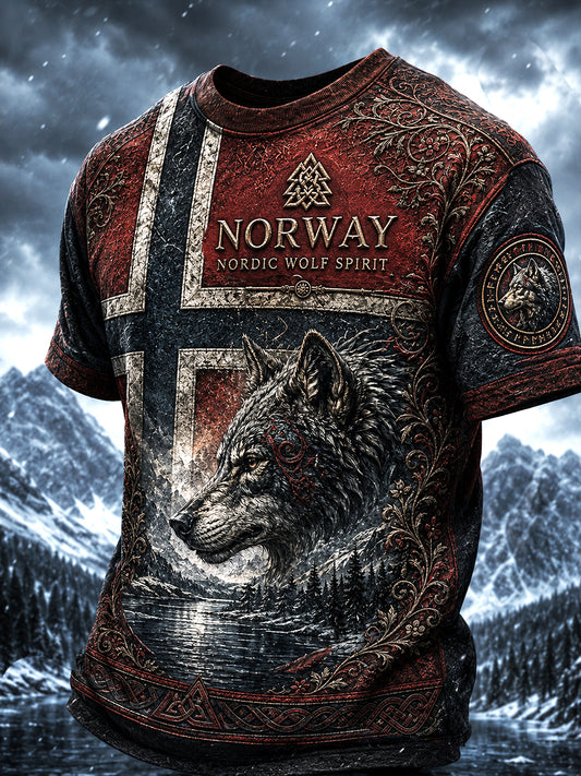 Herrerens retro t-skjorte i nordisk stil med norsk kunsttrykk