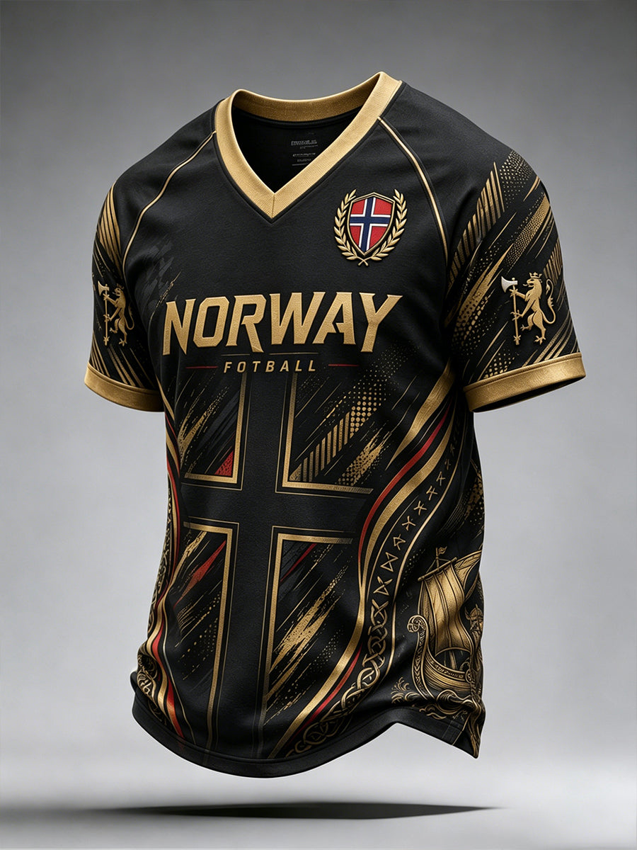 Herre-Vikingfotball-trykk T-skjorte med V-hals og raglanermer