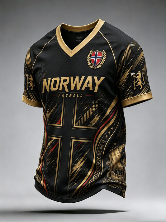 Herre-Vikingfotball-trykk T-skjorte med V-hals og raglanermer