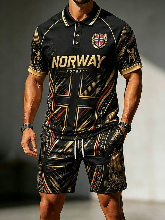 Herre Viking-fotballprint poloskjorte med kortermet skjortesett