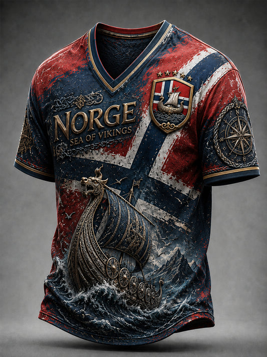 Herrerens retro t-skjorte i nordisk stil med norsk kunsttrykk