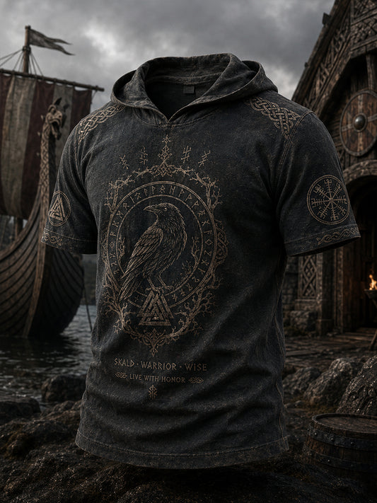 Herrtröja med retrovikingamönster, kort ärm och huva