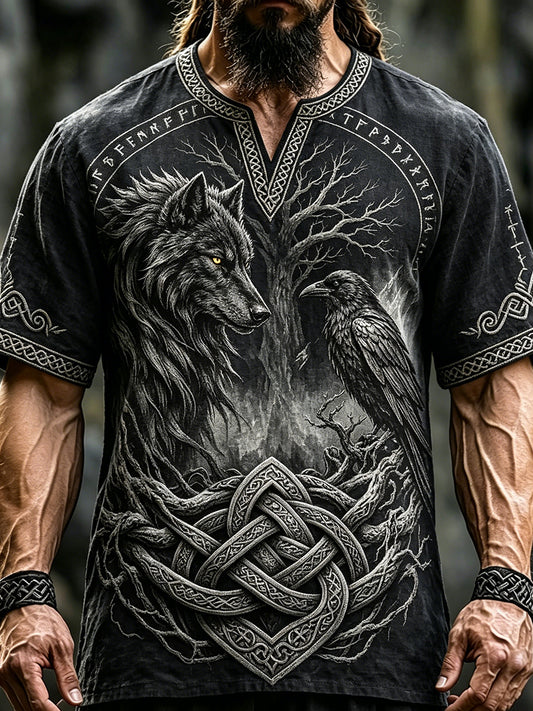 Mansvintage vikingtröja i linne med tryckt keltiskt konstverk föreställande varg och korpar
