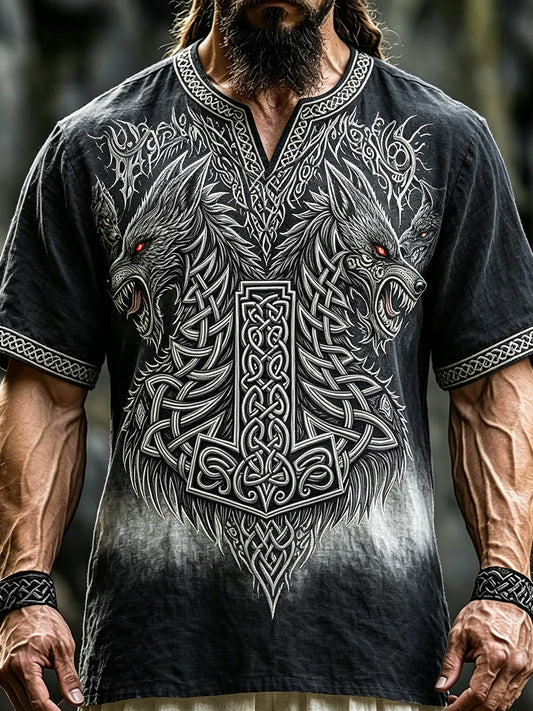 Herrtröja i linne med äldre viking- och keltisk vargmotiv