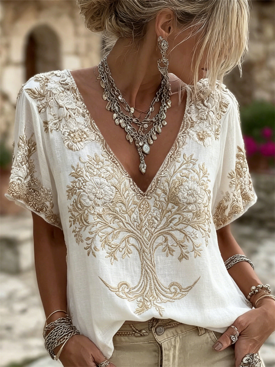 Damer Elegant Livets Träd Blommigt Konsttryck linne T-shirt med korta ärmar