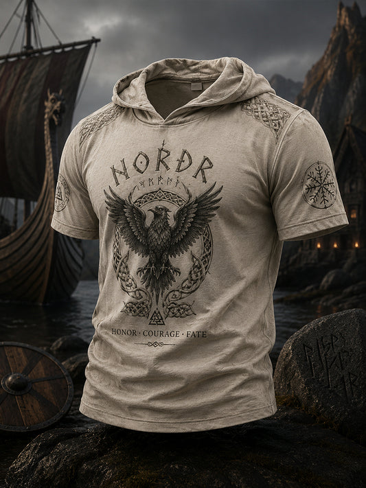 Herrtröja med retrovikingamönster, kort ärm och huva