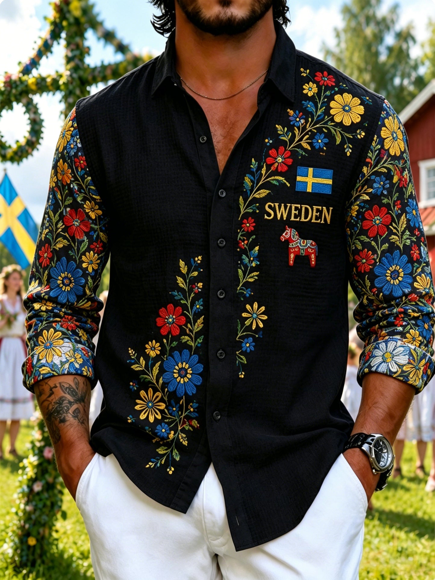 Herrskjorta med konsttryck som firar midsommardagen i Sverige, långärmad