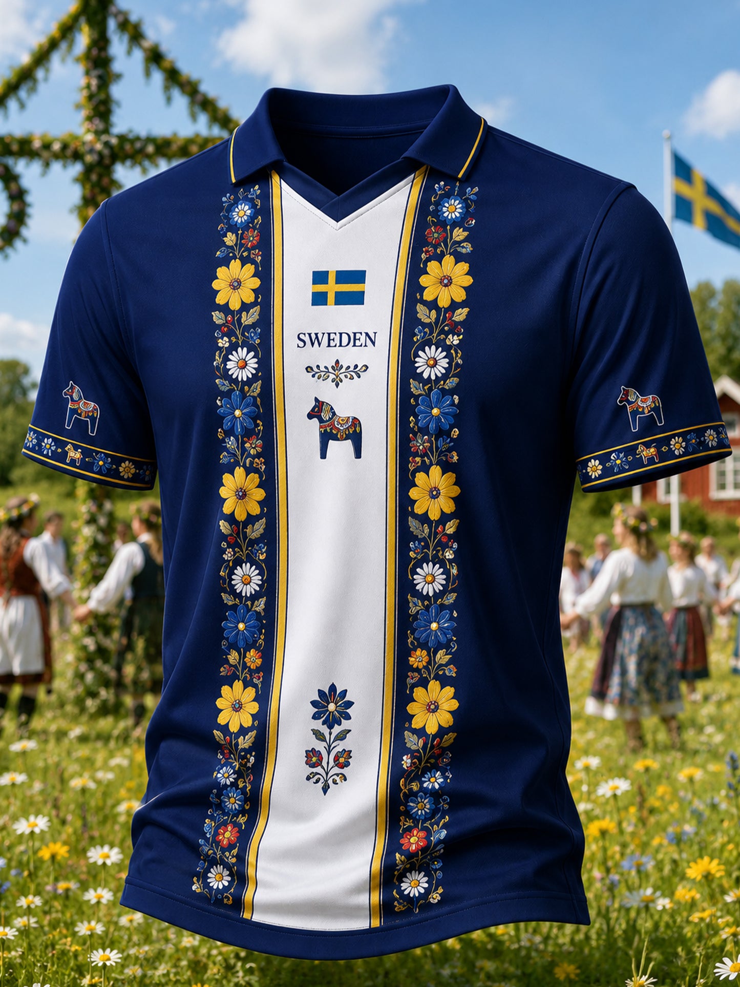 Herrtröja med V-ringning och konsttryck till minne av midsommardagen i Sverige