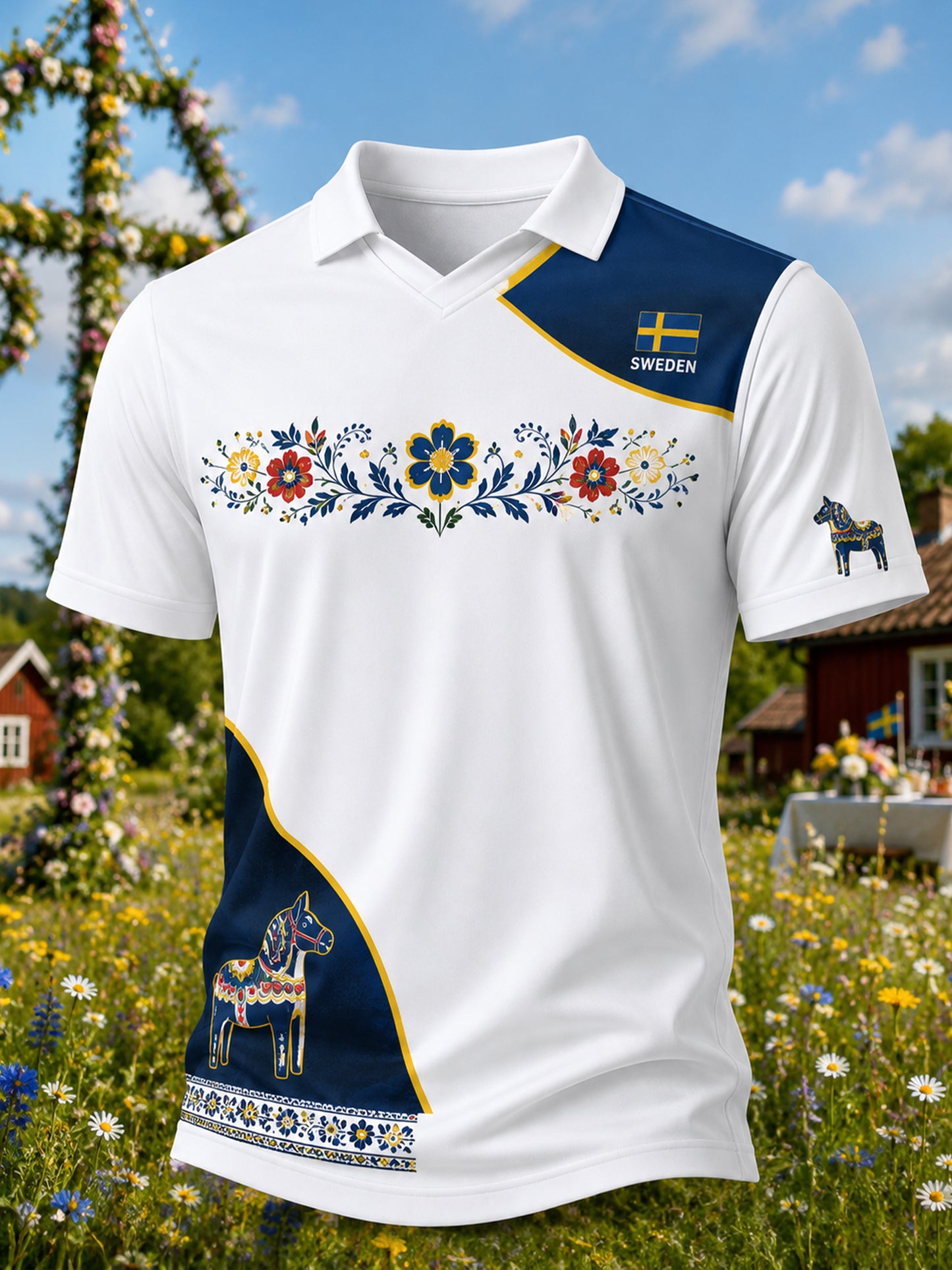 Herrtröja med V-ringning och konsttryck till minne av midsommardagen i Sverige