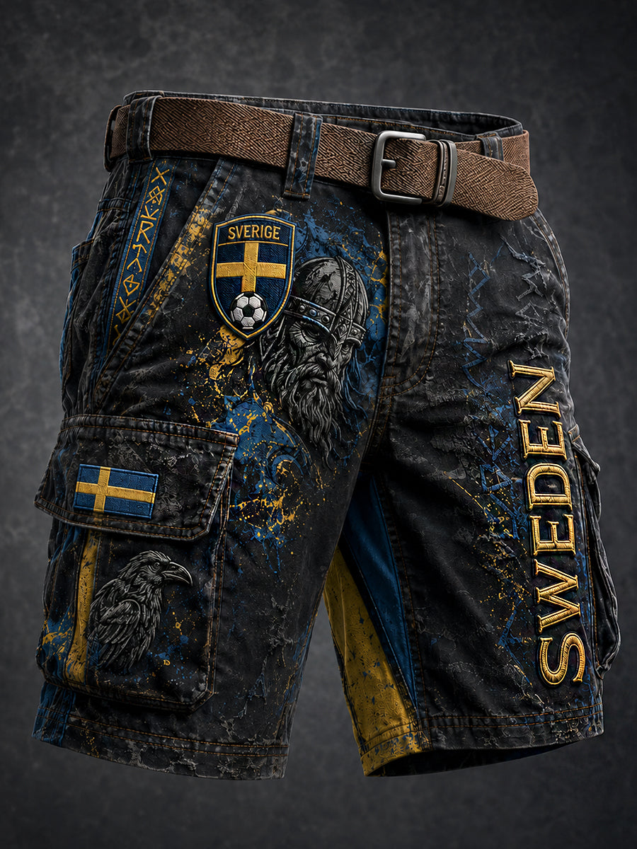 Retro svensk fotbollsfan-konsttryck avslappnade shorts
