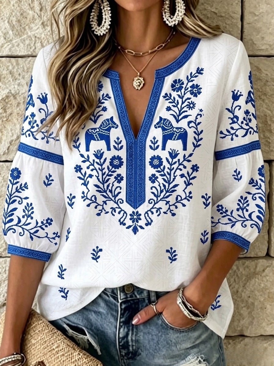 Dams Retro Svensk Midsommar Folkal Blus i Bomull-Linne