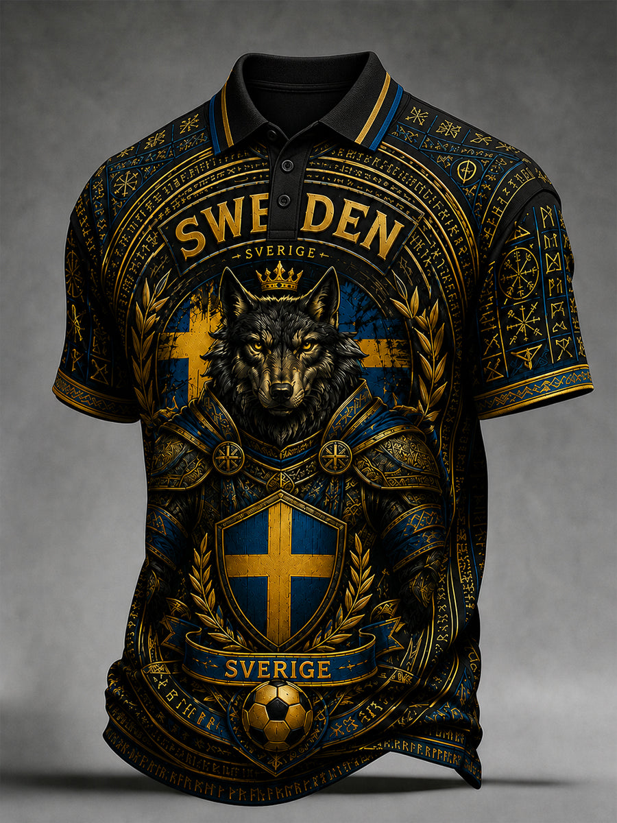 Retro svensk fotbollsfanart-print avslappnad pikétröja