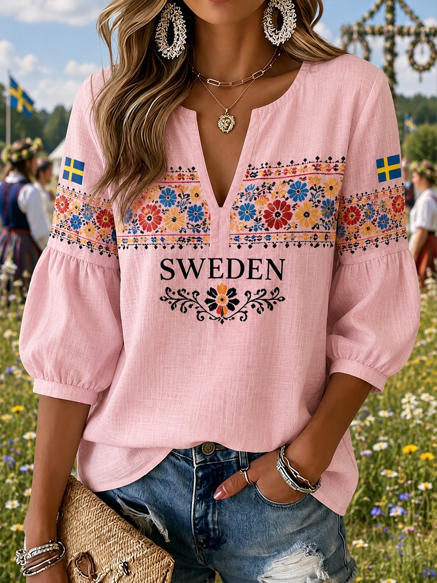 Dammens svenska midsommarminneskonsttryck V-ringad topp